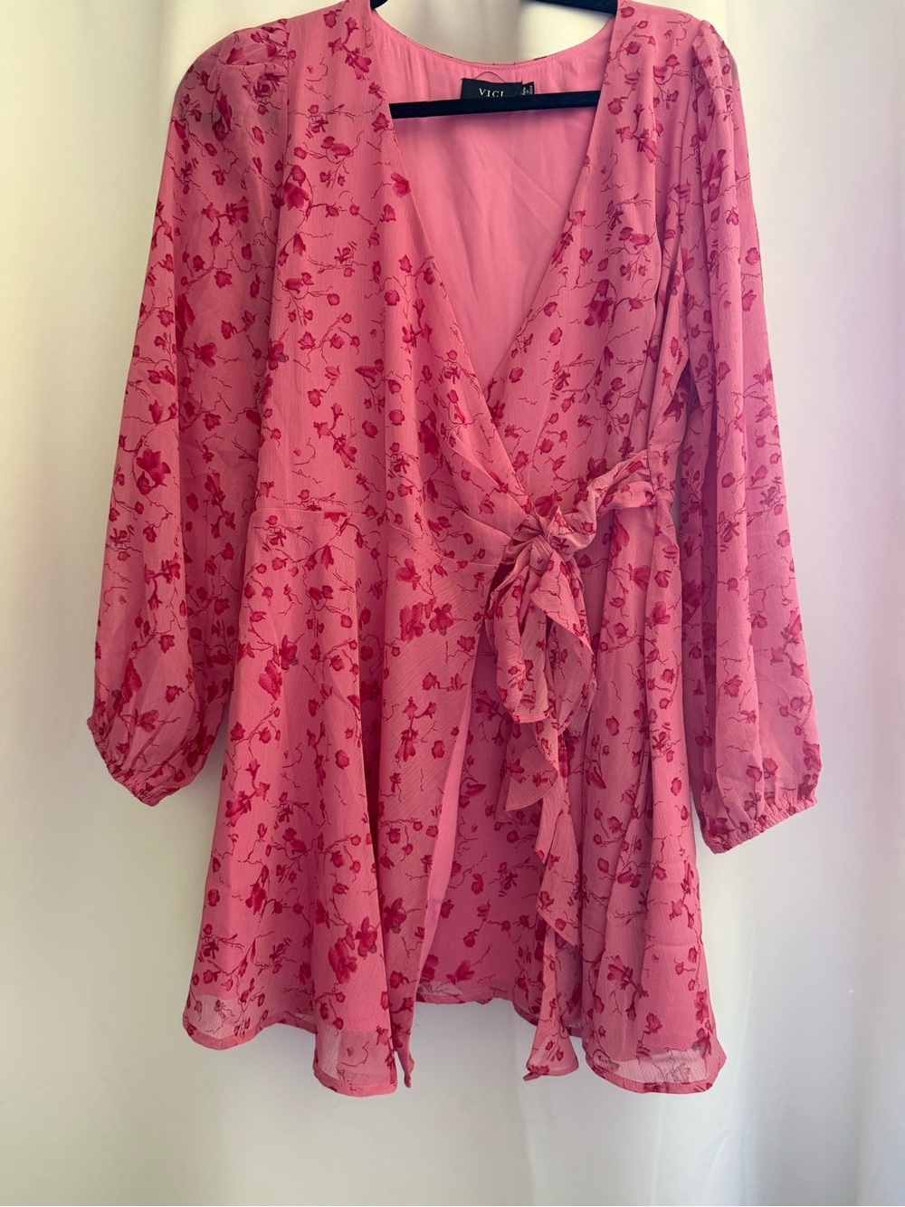 Vici Pink Floral Tie-Waist Wrap Dress